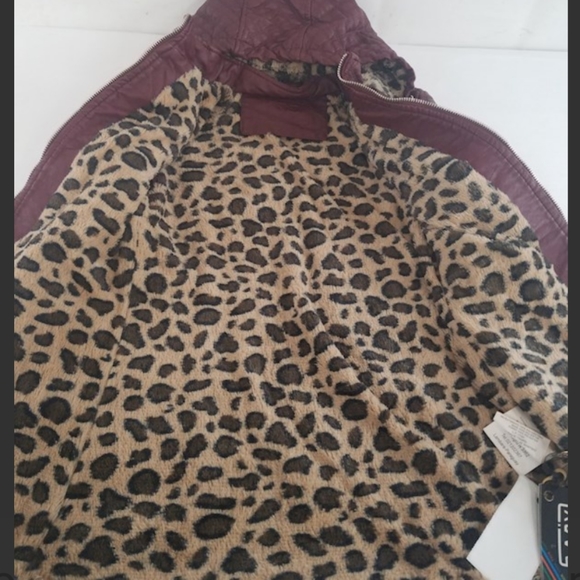 Burgundy ponto sul Twix Faux Leather hooded Jacket coat leopard fur inner Small - Picture 3 of 7